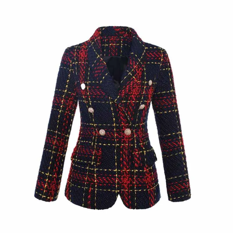 Womens Vintage Double Breasted Tweed Blazer Checkered Coat