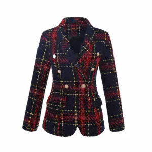 Womens Vintage Double Breasted Tweed Blazer Checkered Coat