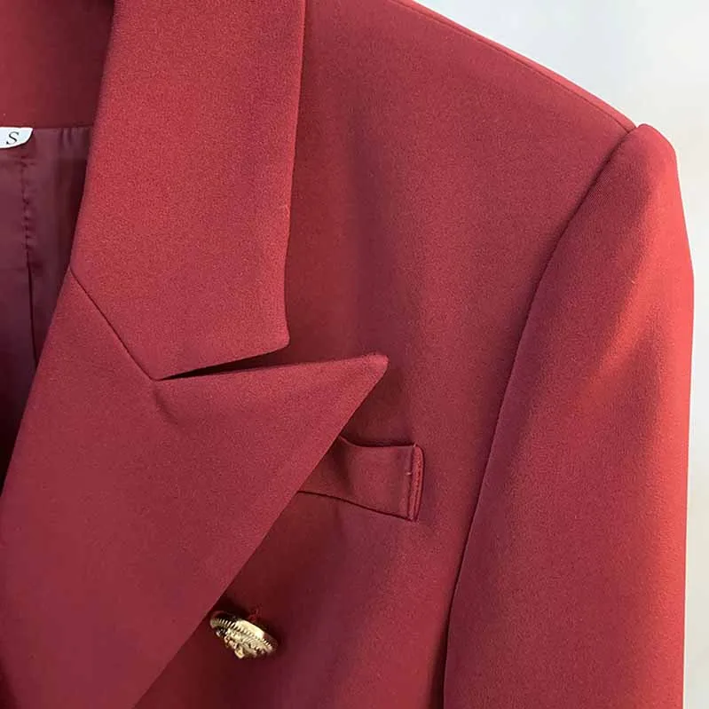 Womens Wine Red Jacket Coat Metal Lion Button Double Breasted Slim Blazer