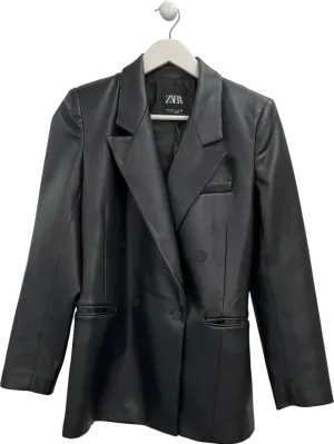 ZARA Black Double-breasted Faux Leather Blazer UK S