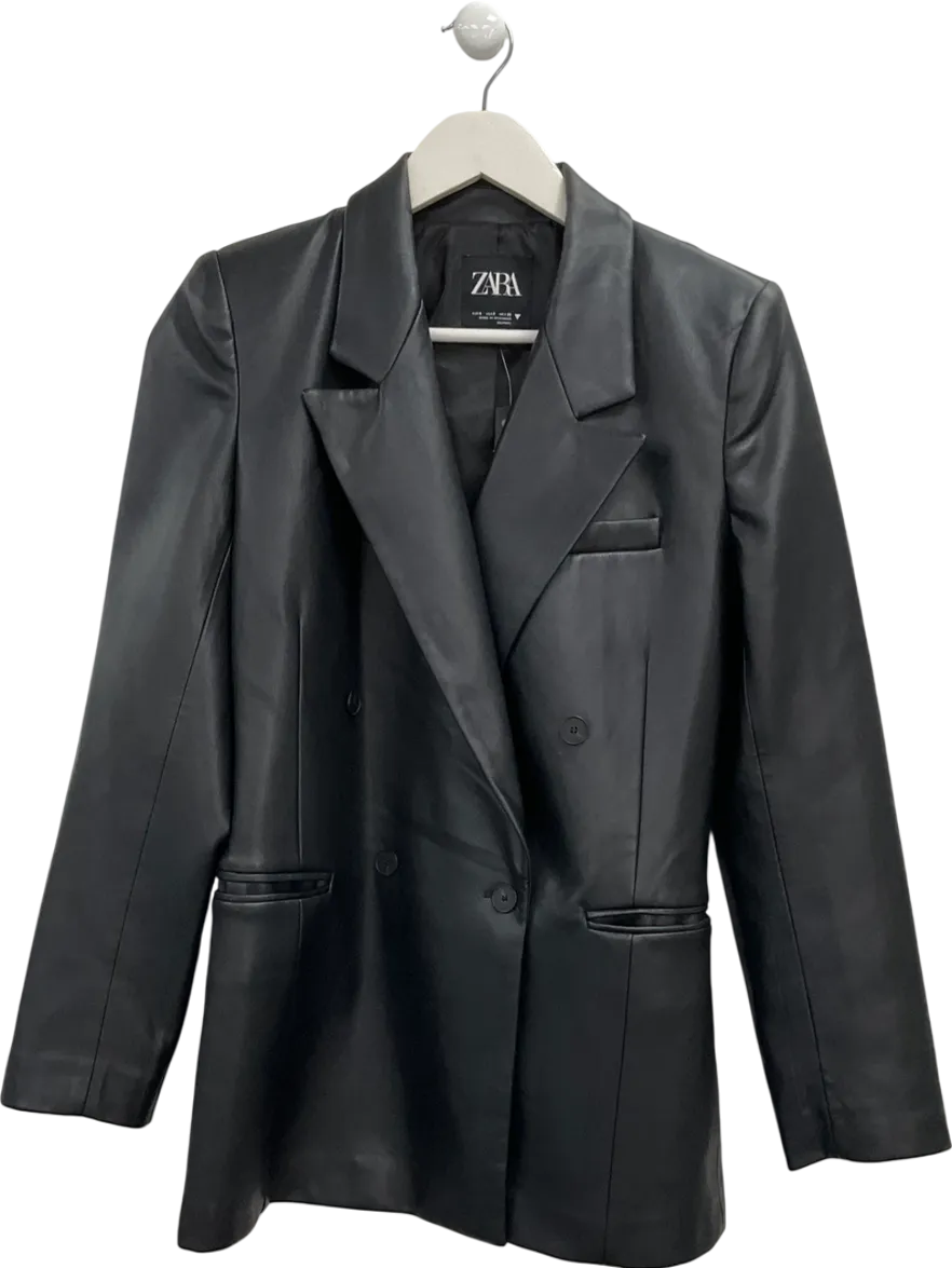 ZARA Black Double-breasted Faux Leather Blazer UK S