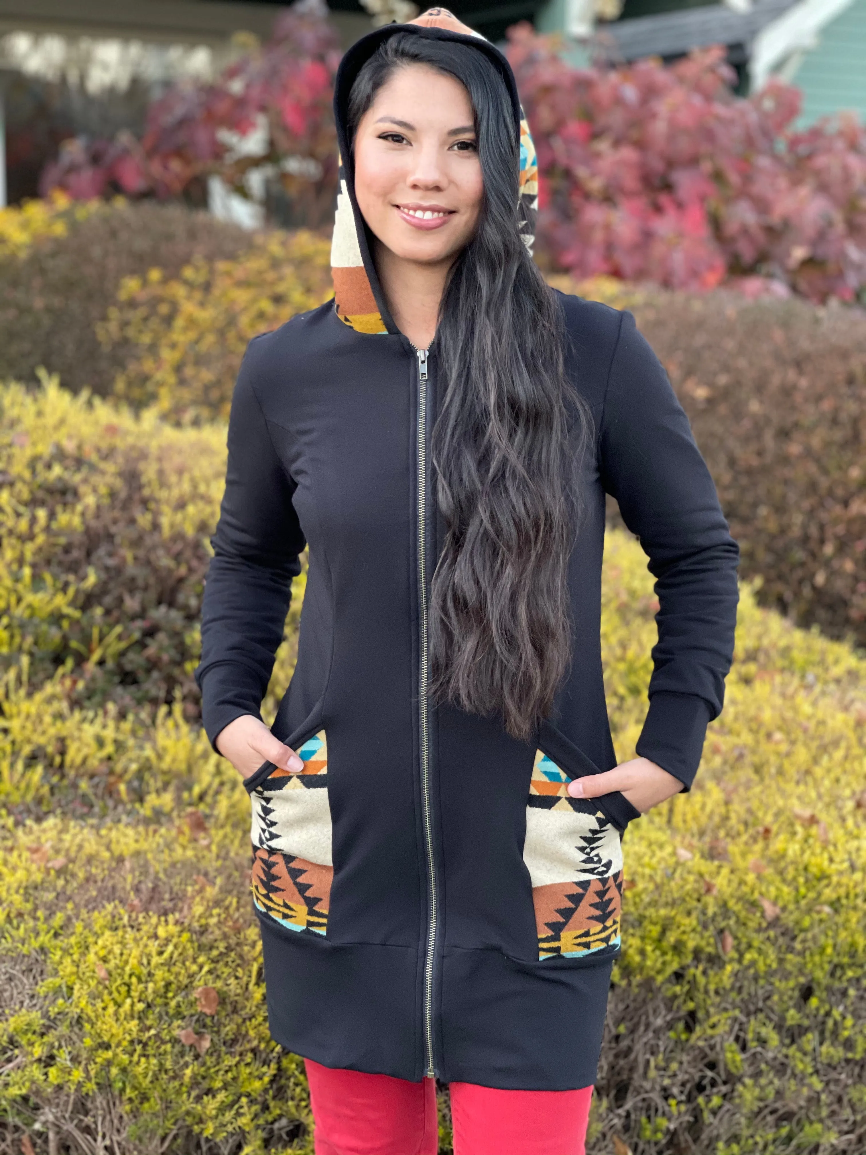 Zip Up Hoodie Dress, locally made from Pendleton Wool and Organic Cotton