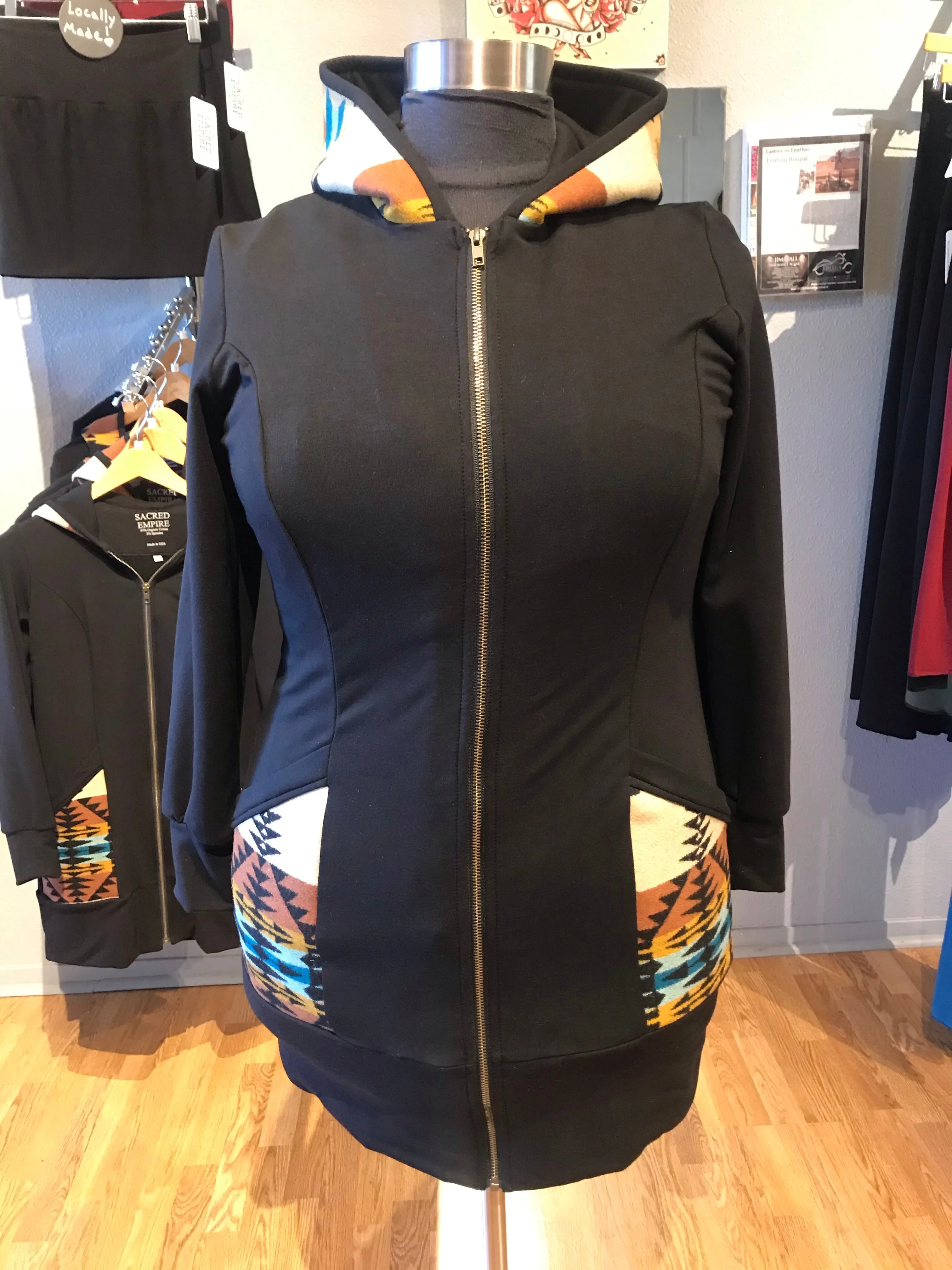Zip Up Hoodie Dress, locally made from Pendleton Wool and Organic Cotton