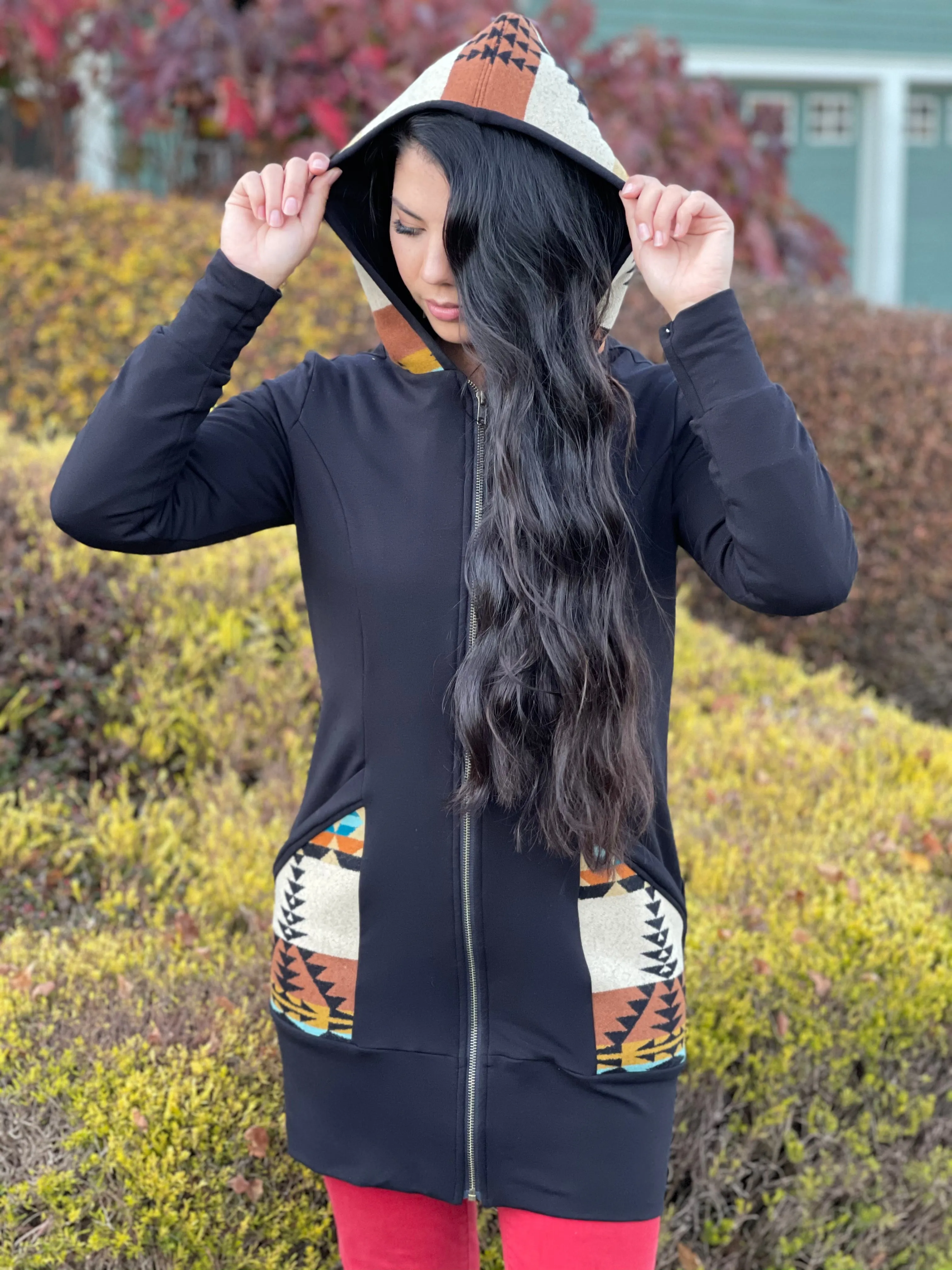 Zip Up Hoodie Dress, locally made from Pendleton Wool and Organic Cotton