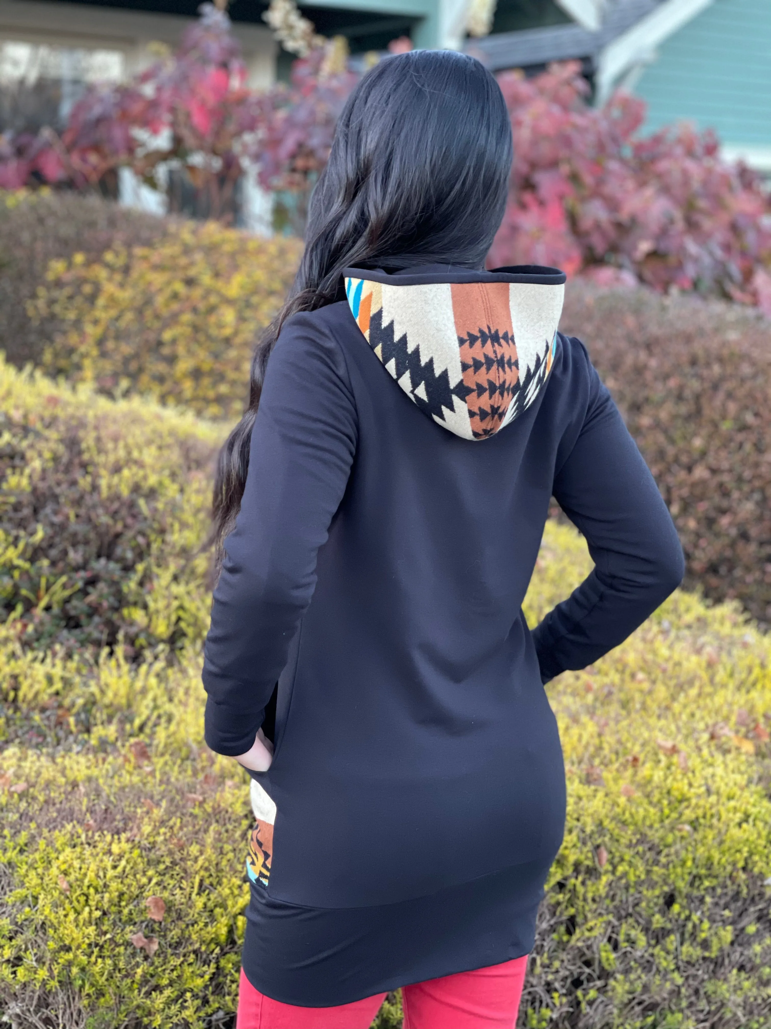 Zip Up Hoodie Dress, locally made from Pendleton Wool and Organic Cotton
