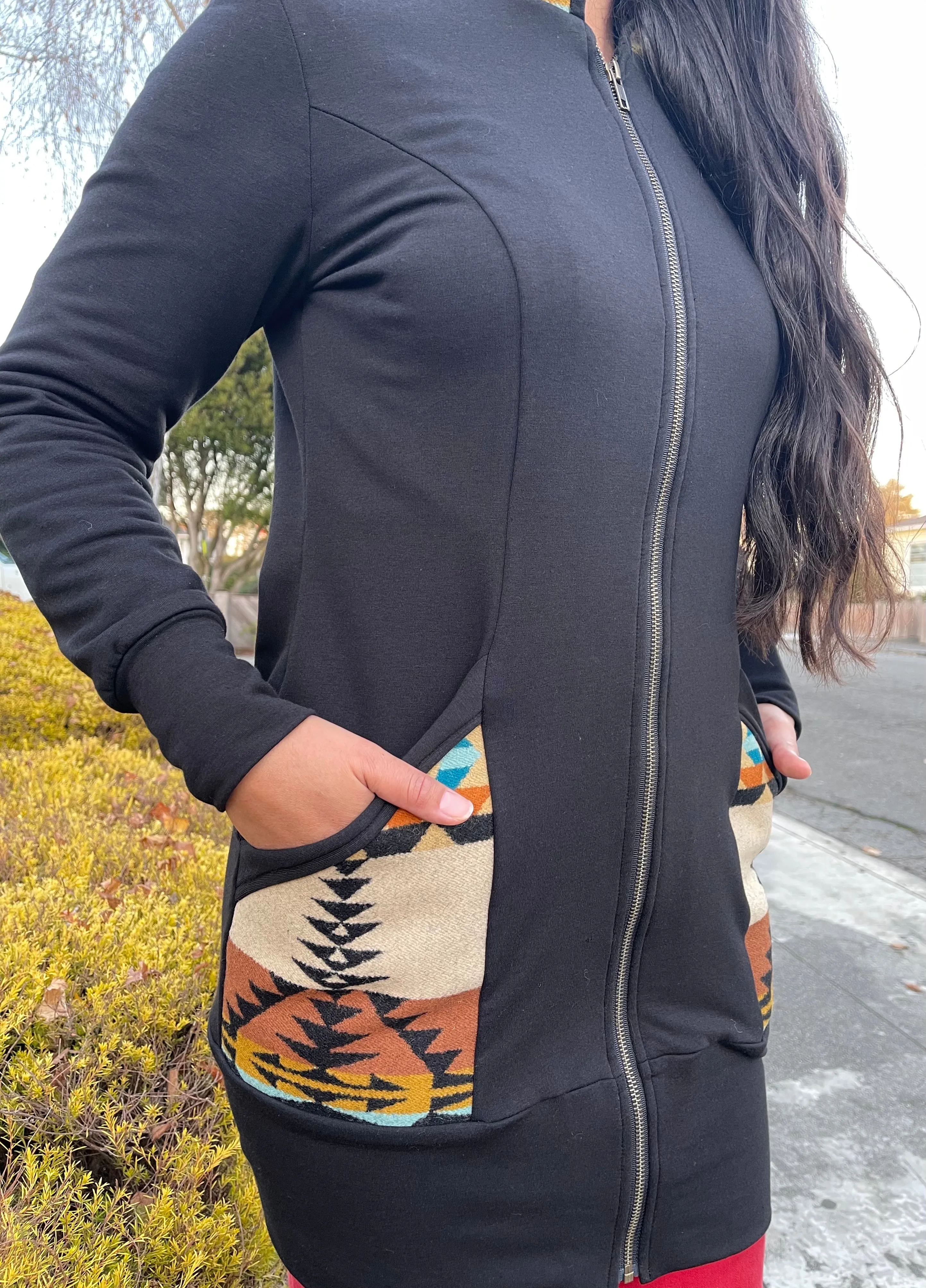 Zip Up Hoodie Dress, locally made from Pendleton Wool and Organic Cotton