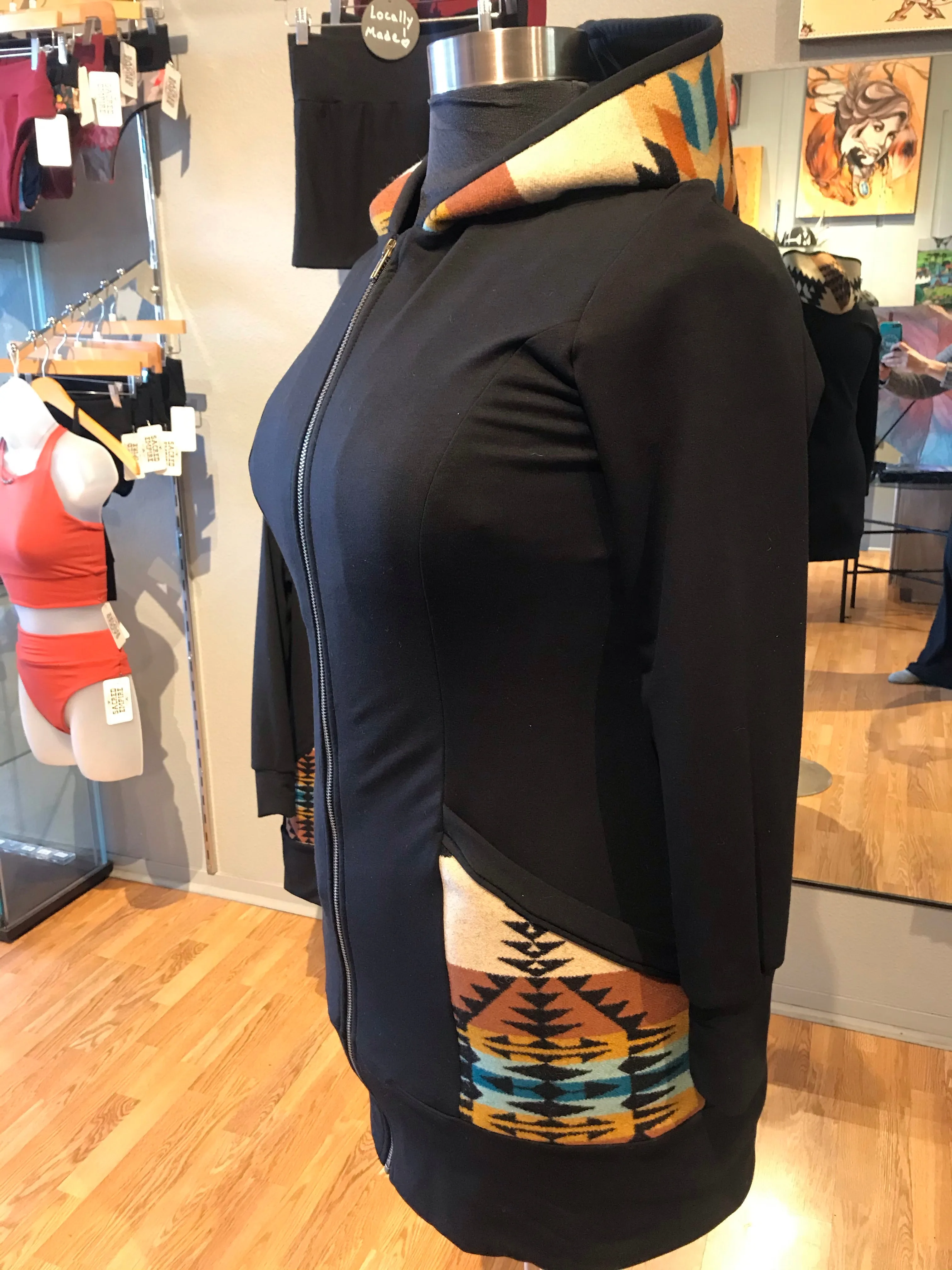 Zip Up Hoodie Dress, locally made from Pendleton Wool and Organic Cotton