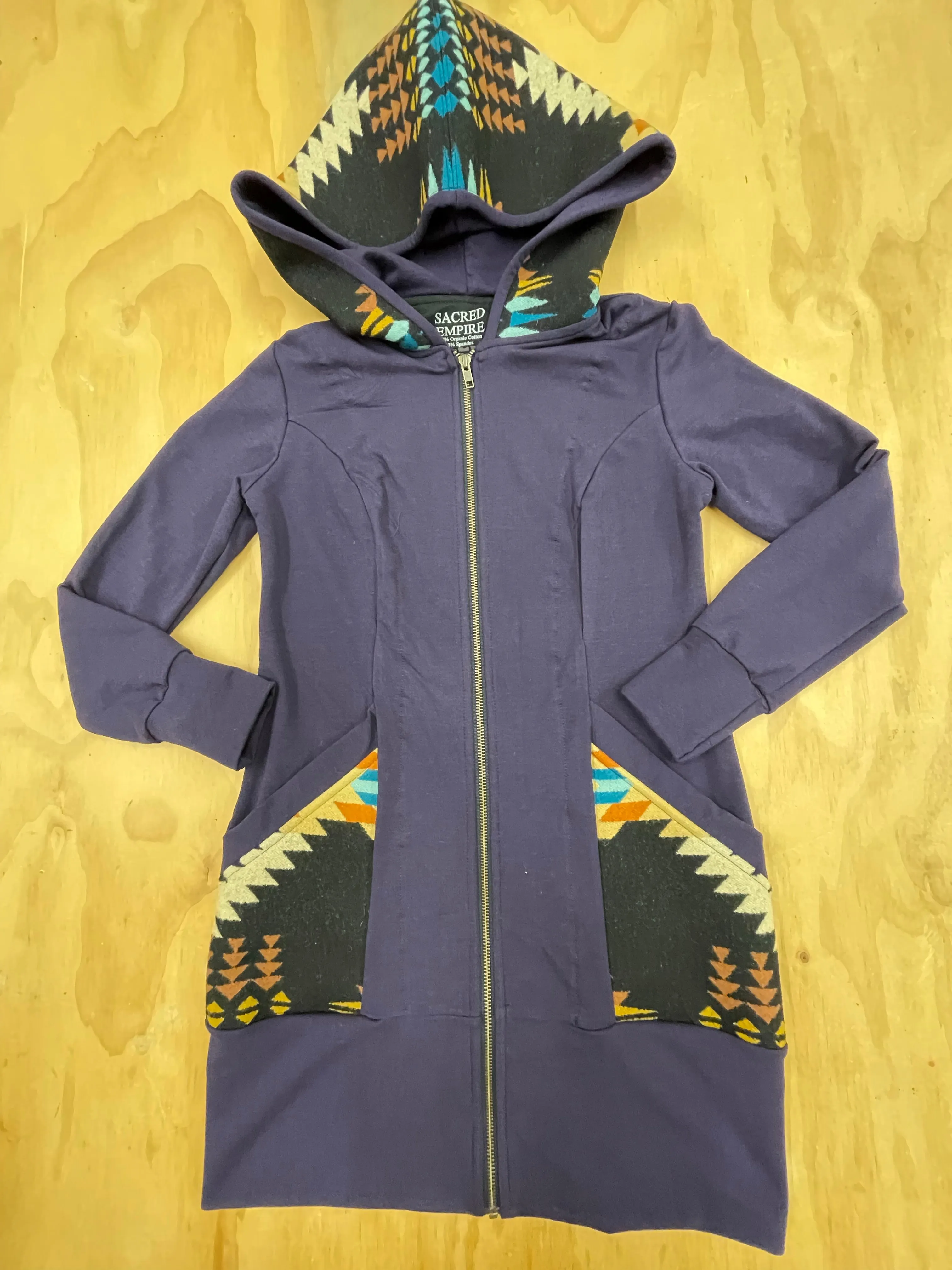 Zip Up Hoodie Dress, locally made from Pendleton Wool and Organic Cotton