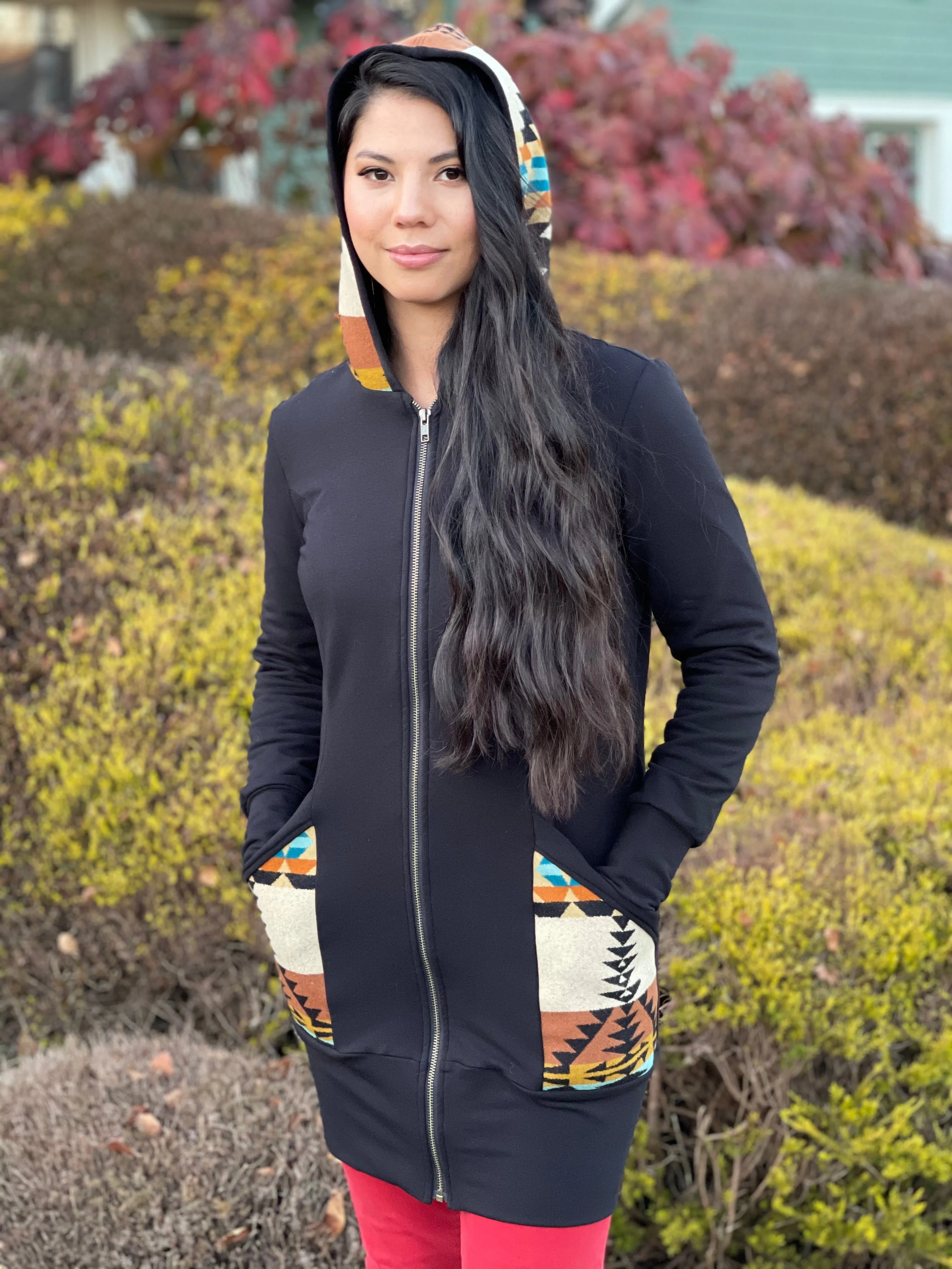 Zip Up Hoodie Dress, locally made from Pendleton Wool and Organic Cotton